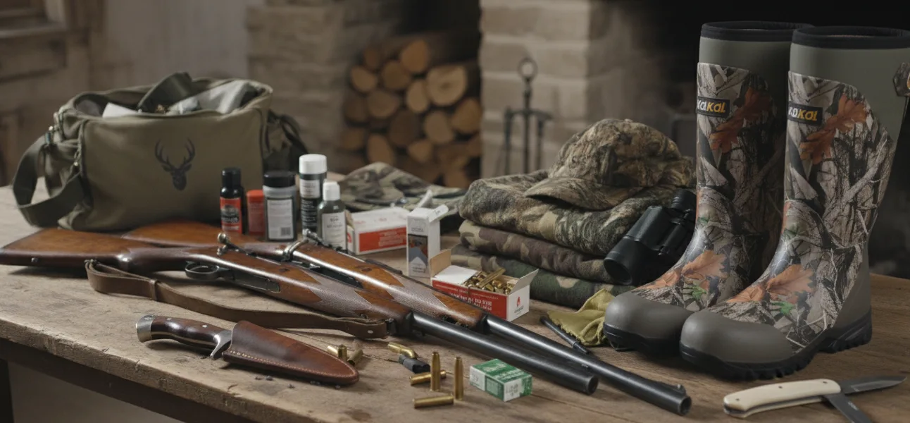 a lot of hunting gear placed on a table with some cleaning and repair tools for maintenance