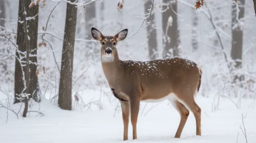 in late season, a deer standing in the wood covered with snow