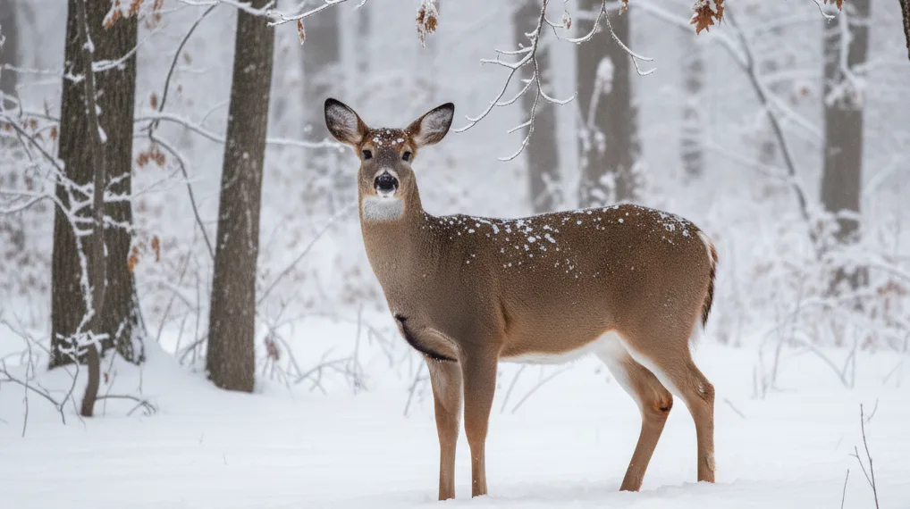 in late season, a deer standing in the wood covered with snow