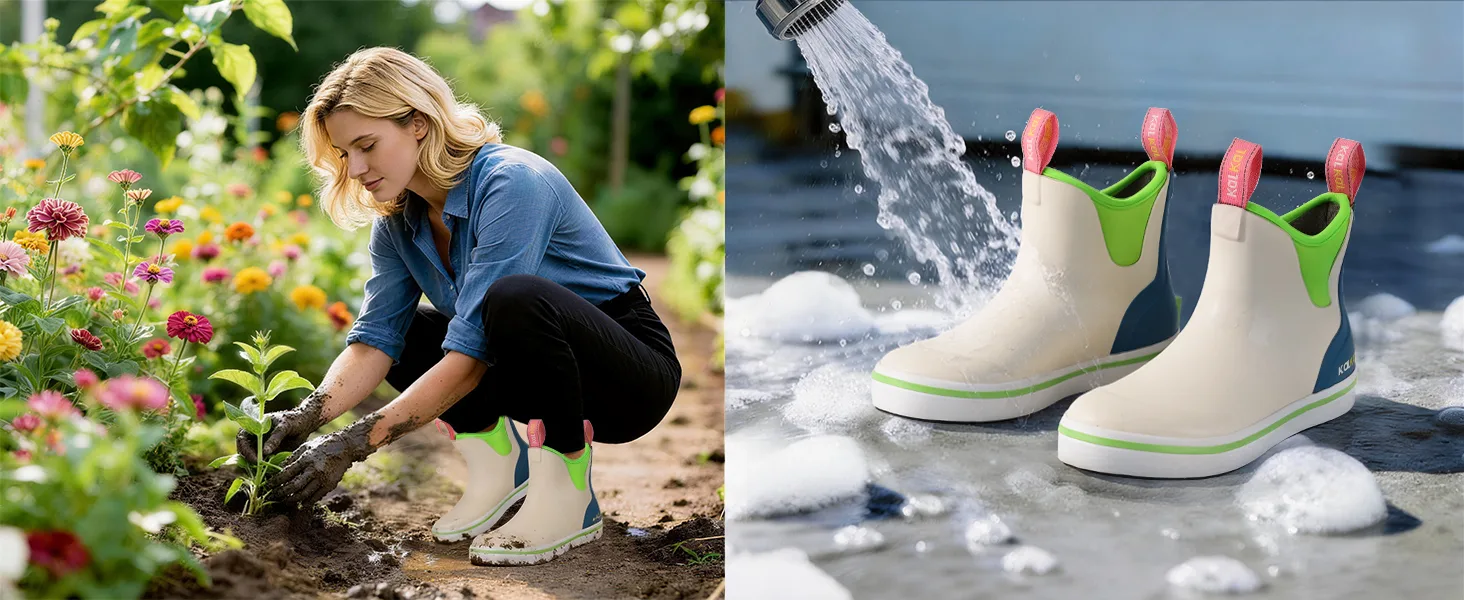 a lady wearing the Kalkal waterproof gardening in the yard