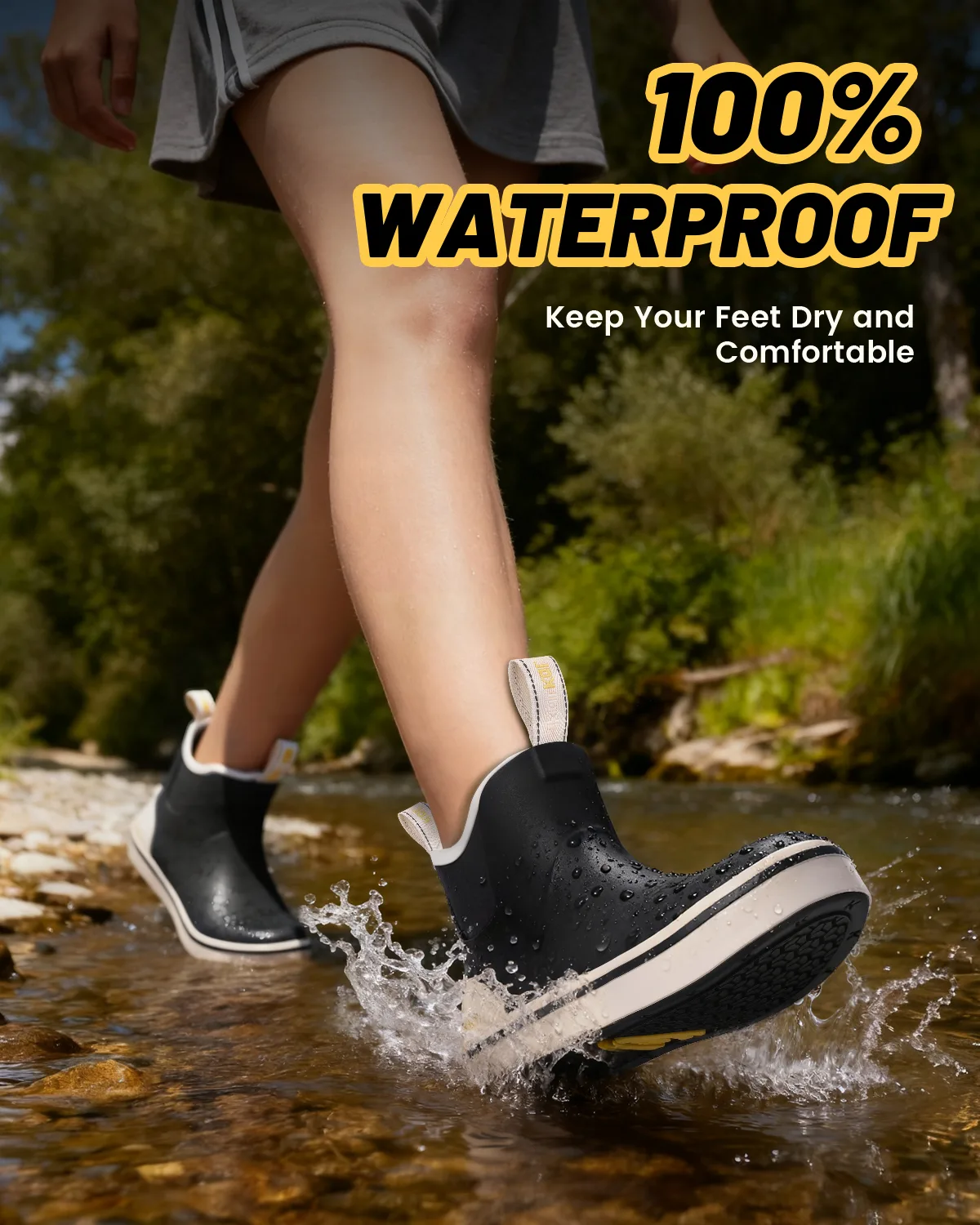 womens waterproof slip on boots Woman walking in water wearing Kalkal waterproof women’s deck boots