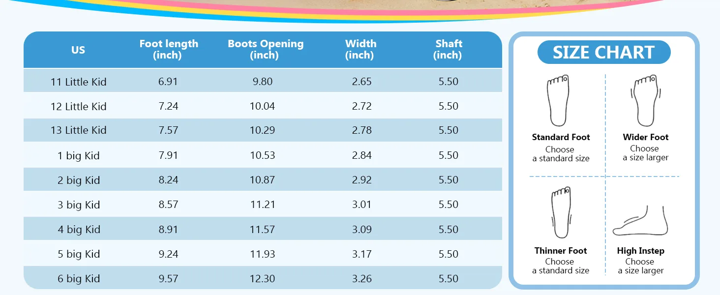 Kalkal kids deck boot size chart - model KK106