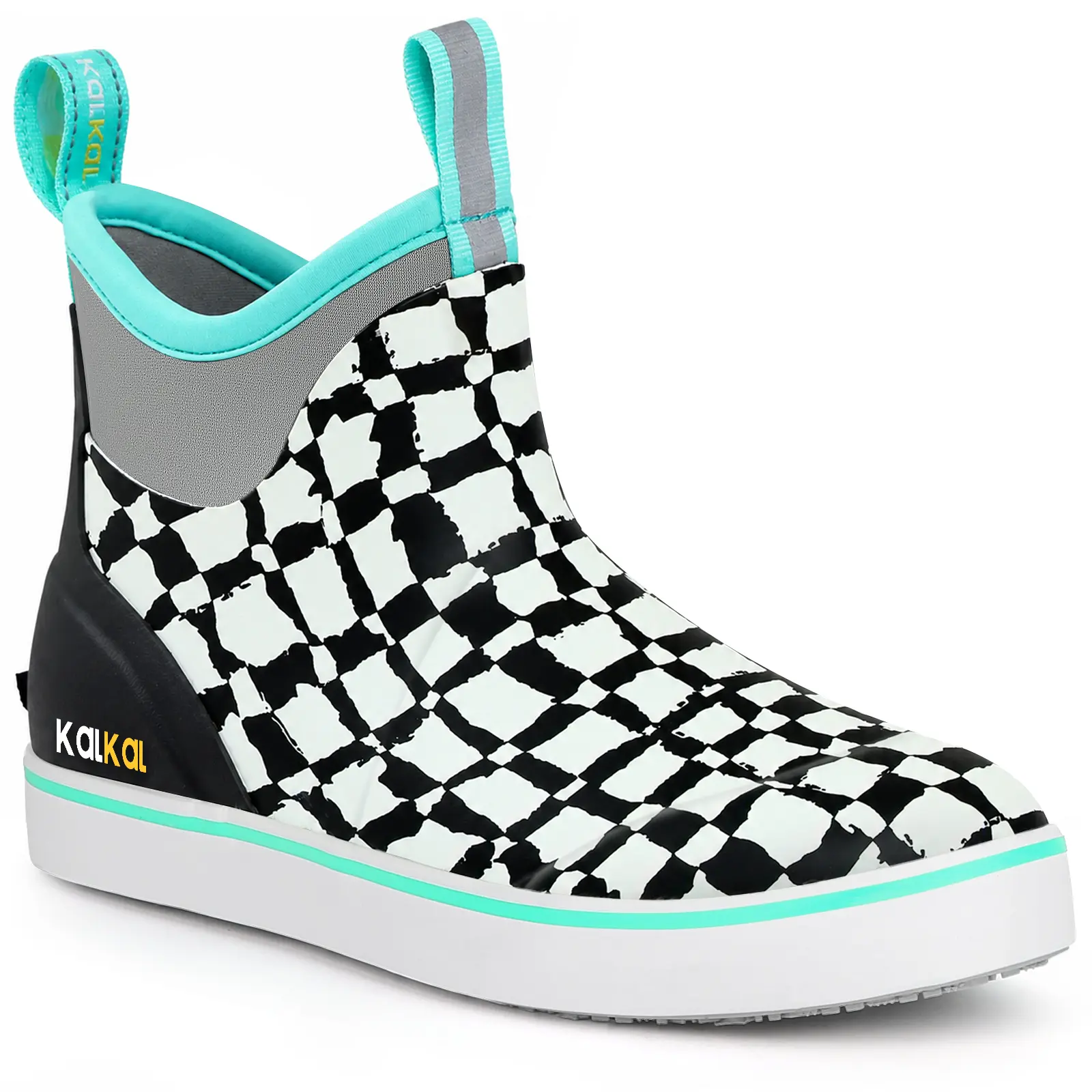 Kalkal women's deck boots in black and houndstooth pattern design