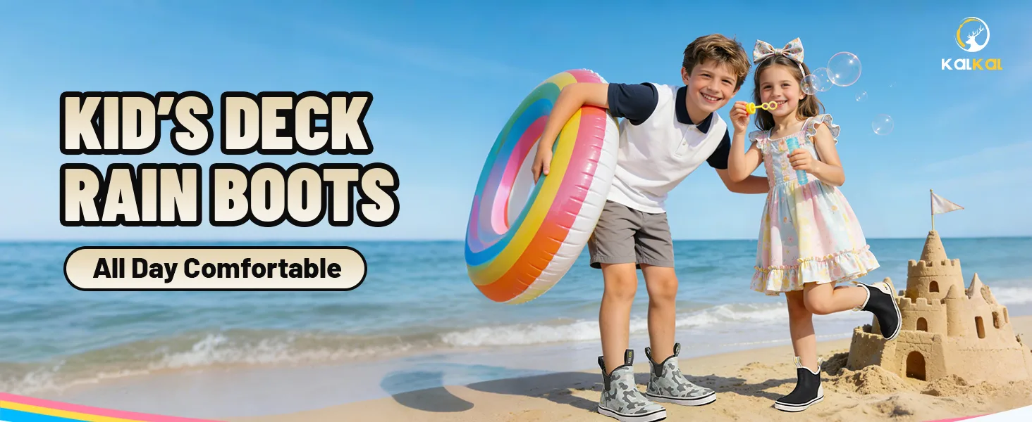 boys and girls wearing Kalkal deck boots on the beach, playing near the water