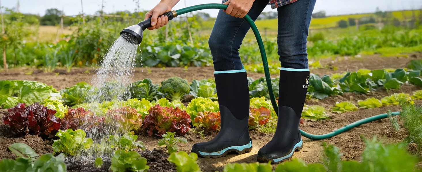 a women is watering the plants in a vegetable farm, wearing a pair of pull-on farm boots for women