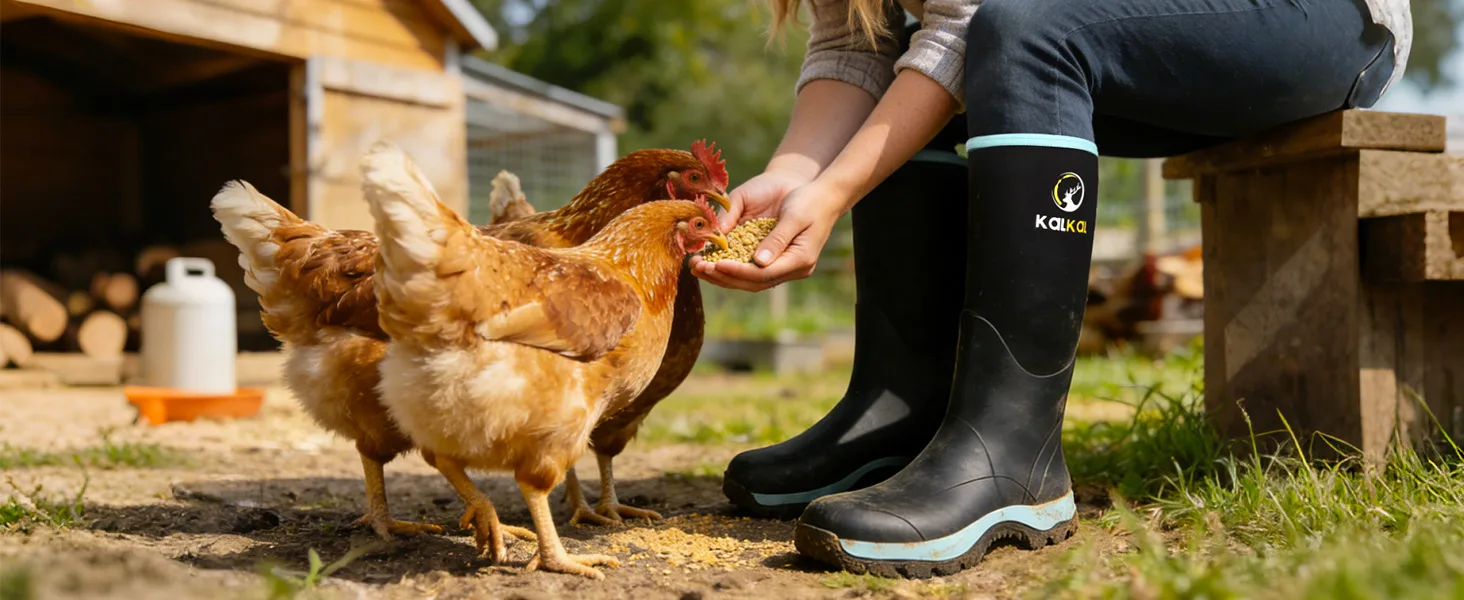a women is wearing Kalkal farm boots, feeding chicken in muddy land