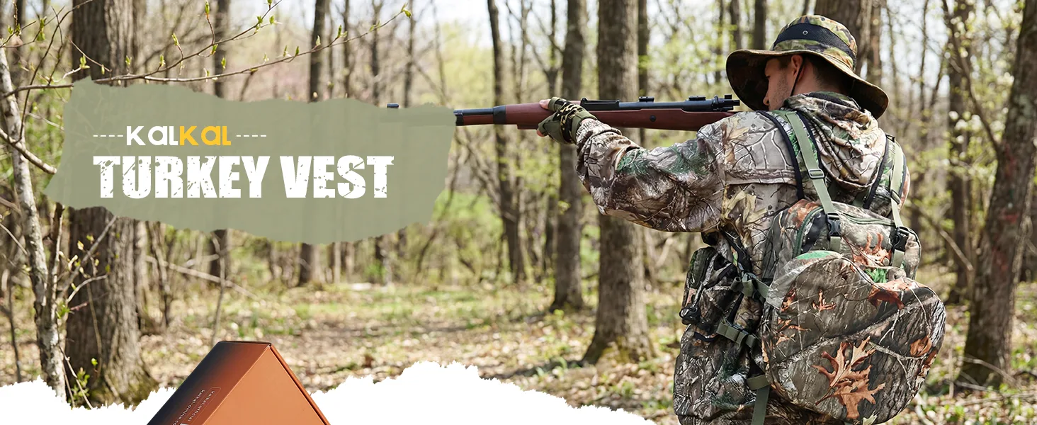 a run-and-gun hunter wearing Kalkal turkey vest with pack in the wood, aiming at a spring turkey