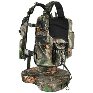 Lightweight pack-style turkey hunting vest with integrated magnetic seat