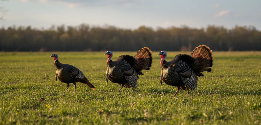 several male turkeys walking in the open field during spring season
