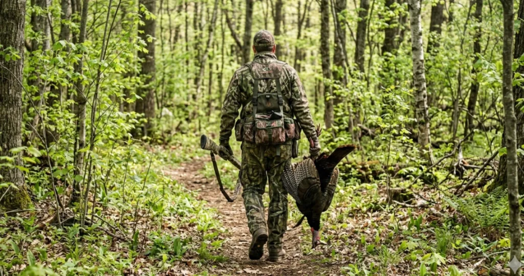 a hunter walking on a path in a spring forest, wearing a turkey vest, holding a turkey