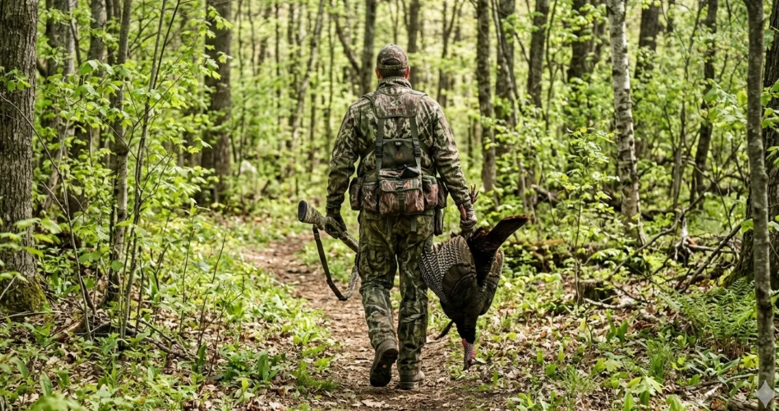 a hunter walking on a path in a spring forest, wearing a turkey vest, holding a turkey