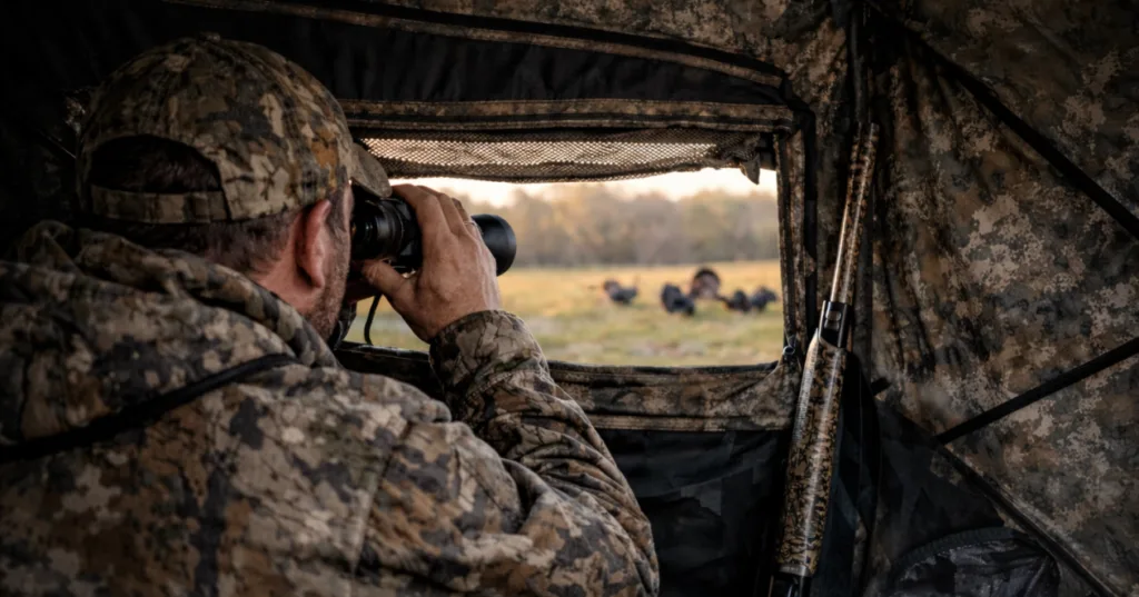 a hunter is watching and hunting turkey in a ground blind