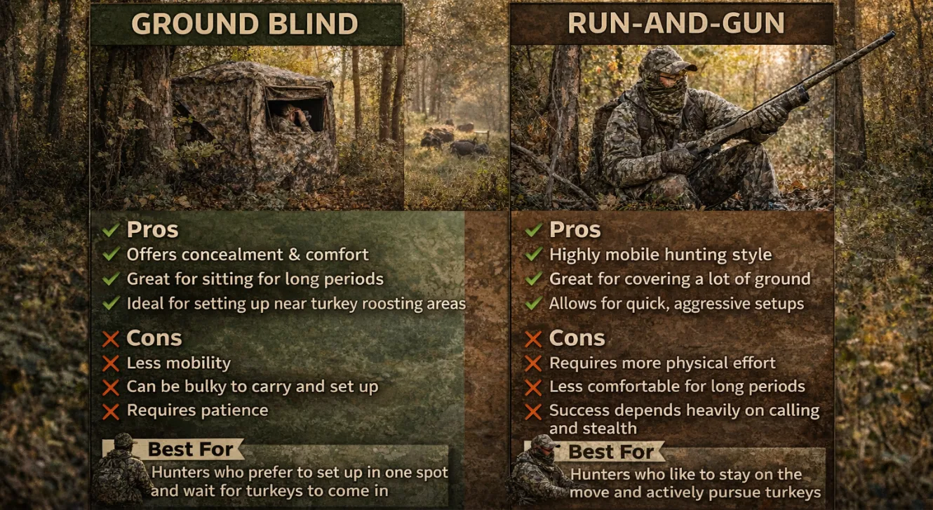 ground blind vs run-and-gun hunting, pros and cons explained