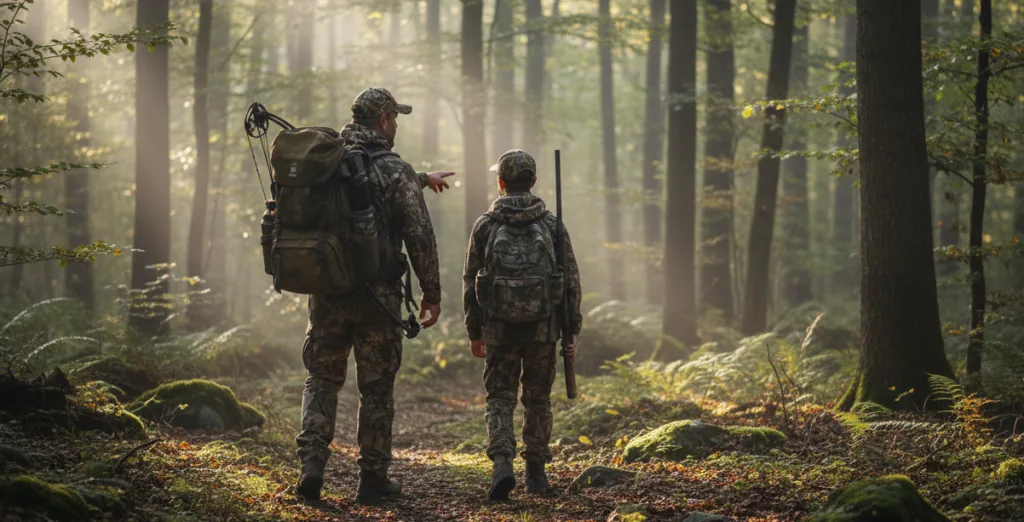 a man hunter and a kid is hunting in the field