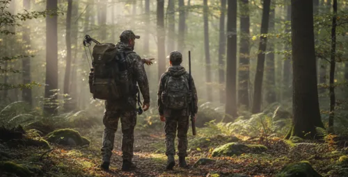 a man hunter and a kid is hunting in the field