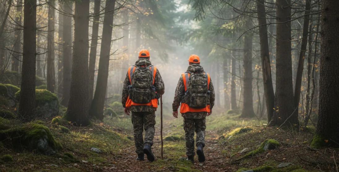 an adult hunter is walking with a youth hunter in the field
