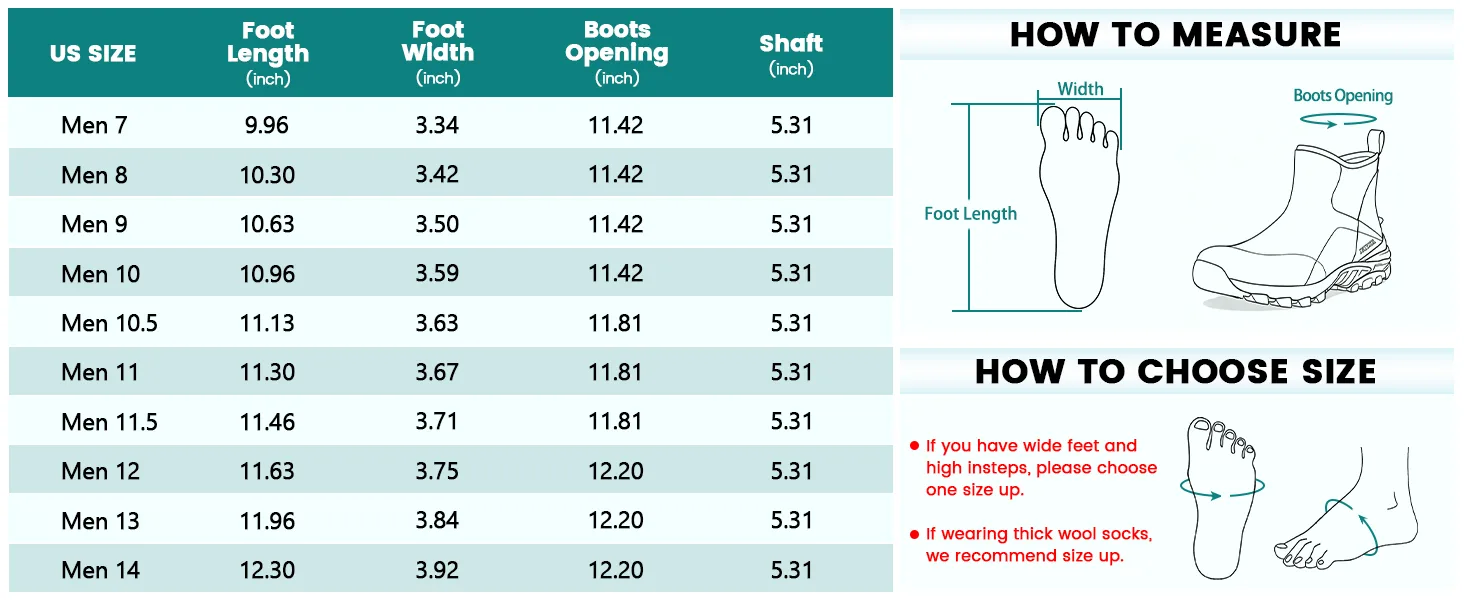 Kalkal ankle rubber boots size chart for model KK119