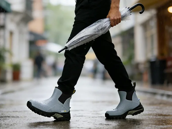 Stylish Kalkal rubber boots for city commuting, paired with jeans on a rainy urban street