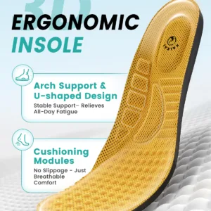 Removable memory foam cushioned insole with ergonomic arch support and massage points for all-day comfort