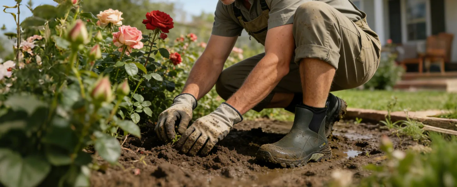 Durable rubber mud boots covered in dirt during garden work, showcasing the easy-to-clean rubber material