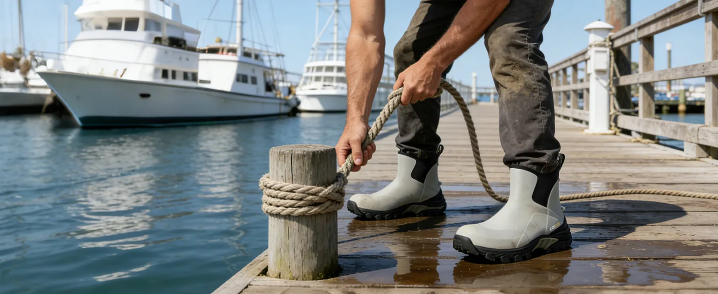 A man wearing Kalkal grey ankle deck boots on a dock, highlighting the non-slip grip on wet wooden decks.