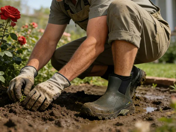 Wearing the Kalkal men's rubber work boots in the garden, and planting flowers