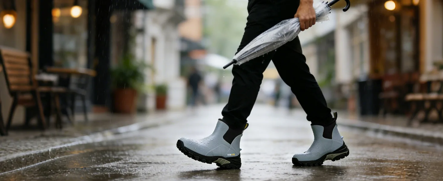 Stylish grey rubber boots for city commuting, paired with jeans on a rainy urban street for a modern look