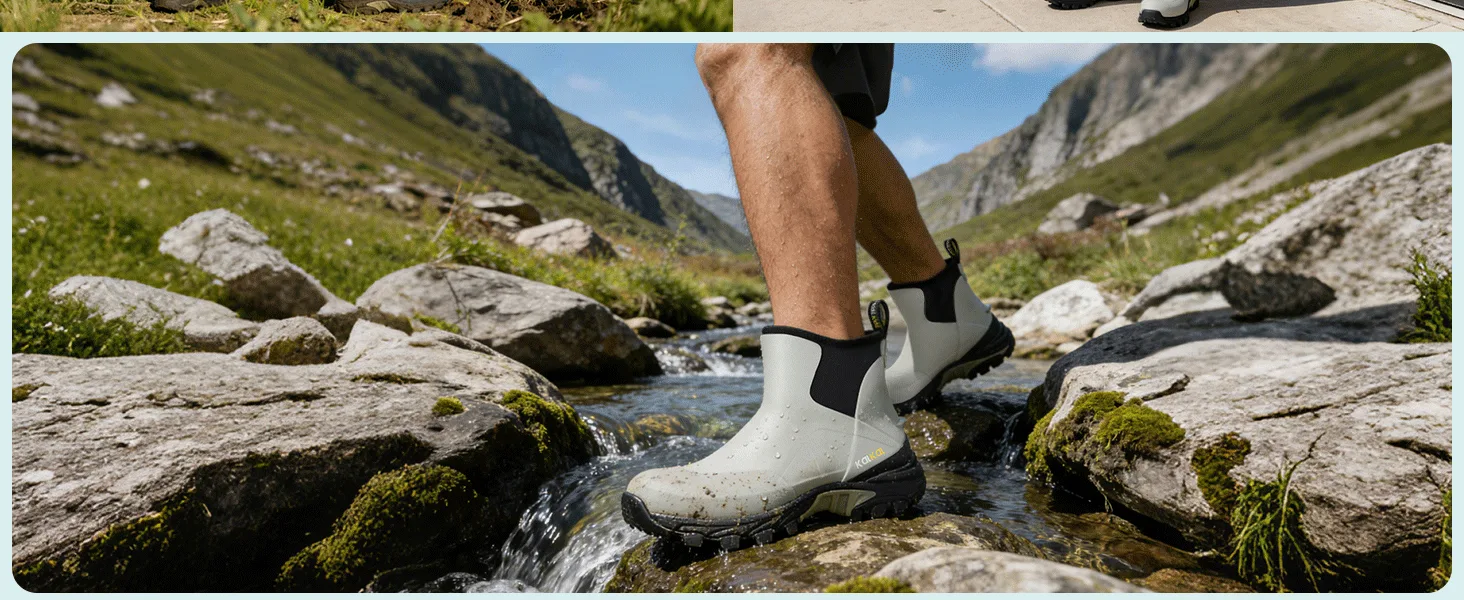 a man wear Kalkal outdoor rubber boots trekking in the stream, showing the waterproof and all-terrain feature