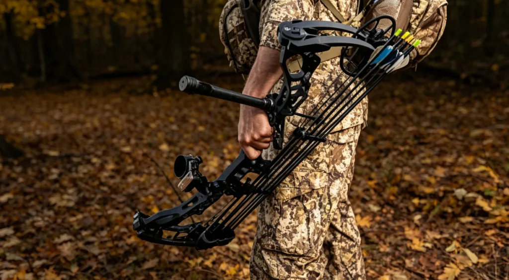 a hunter is holding his bow, ready for a turkey hunting trip