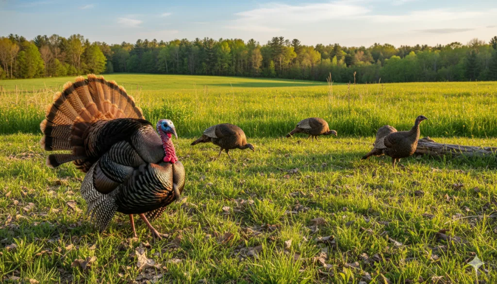 a spring tom turkey and a few female turkey in open grass land