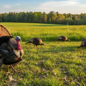 a spring tom turkey and a few female turkey in open grass land
