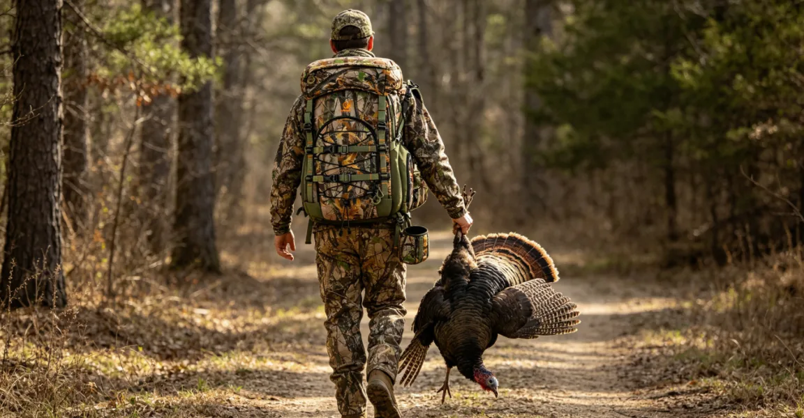 a bowhunting hunter walked in the wood with a harvested turkey on his hand