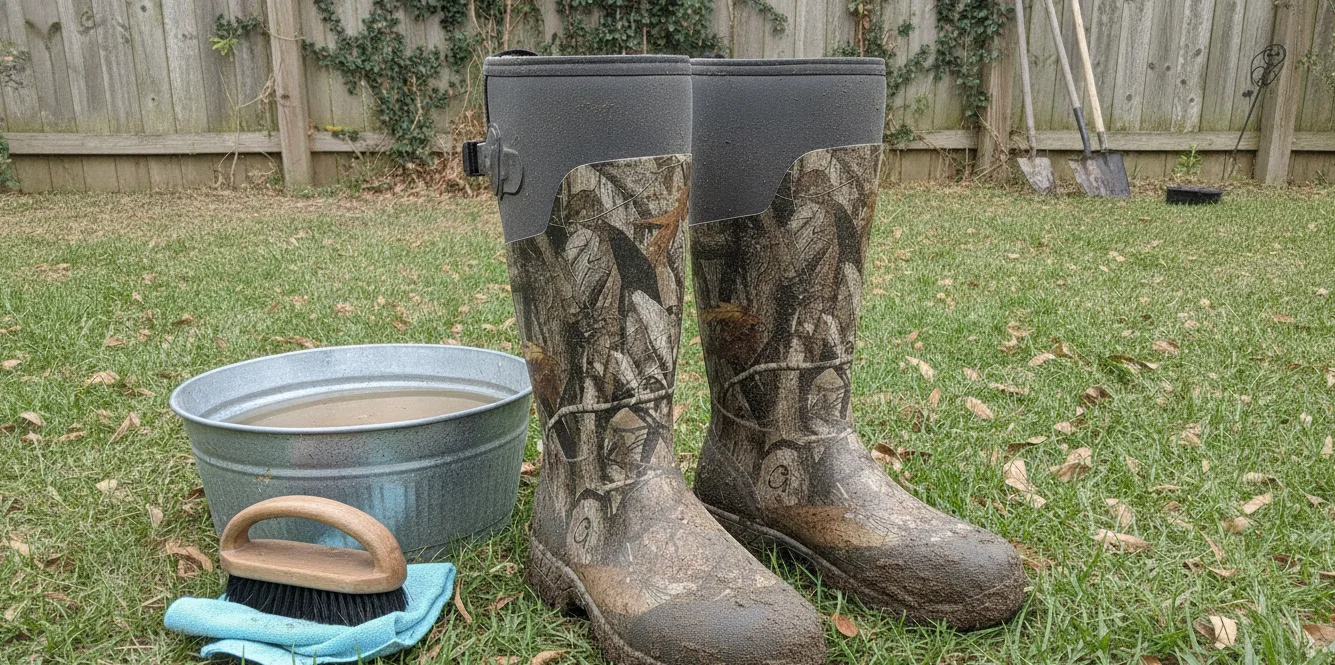 wash off the mud from the rubber boots with water, cloth and brush