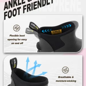 Close-up of stretchy boot shaft opening on women's waterproof rubber boot