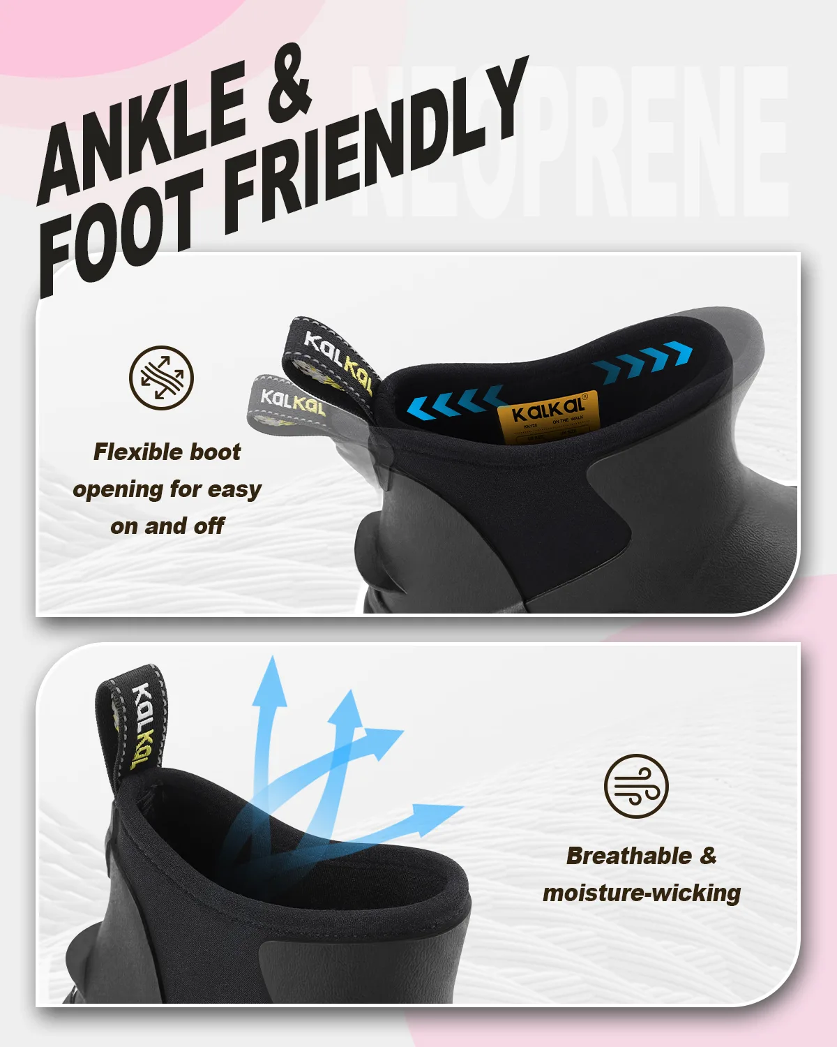 ankle deck boots for woman Close-up of stretchy boot shaft opening on women's waterproof rubber boot