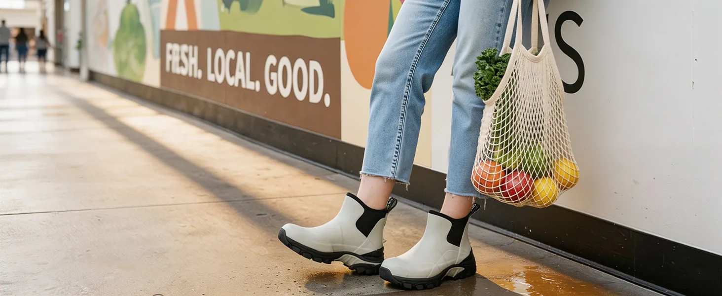 Woman wearing waterproof rubber deck boots for everyday city errands
