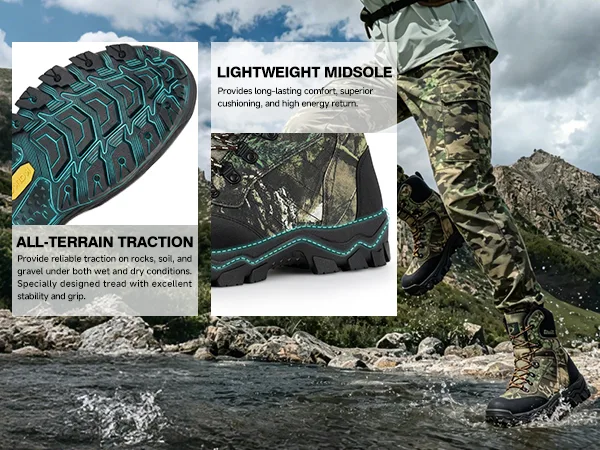 Rubber outsole with deep tread and EVA midsole for traction and shock absorption
