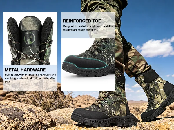 Reinforced toe, durable metal eyelets, and secure lace-up design for hunting boots