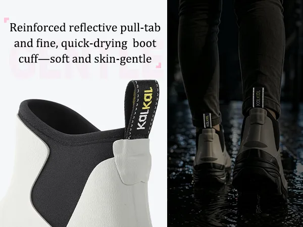 Reflective pull tab on heel of women's rubber boots for easy on and off
