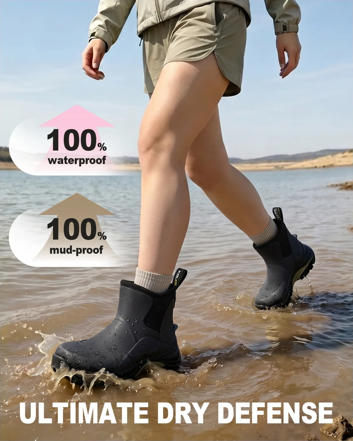 rubber ankle rain boots Woman wearing waterproof rubber boots walking through shallow water