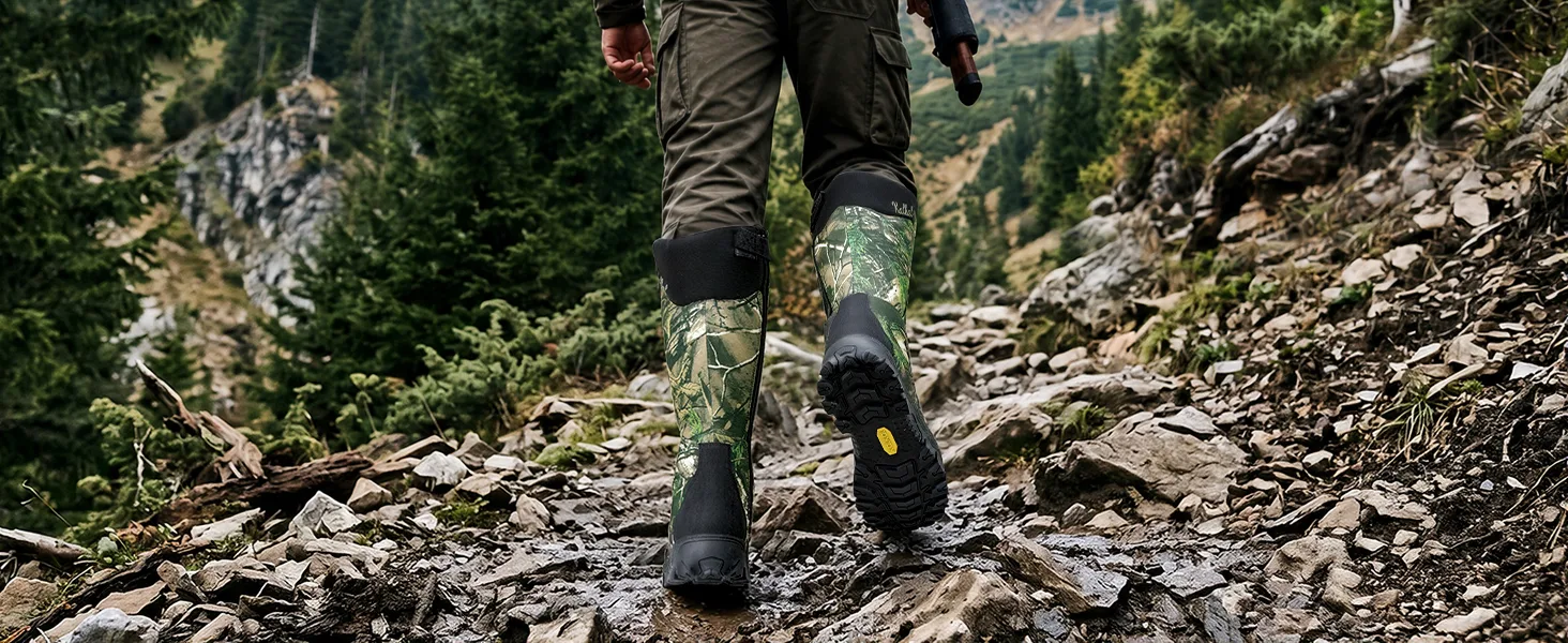 Snake hunting boots providing stable footing on rocky ground