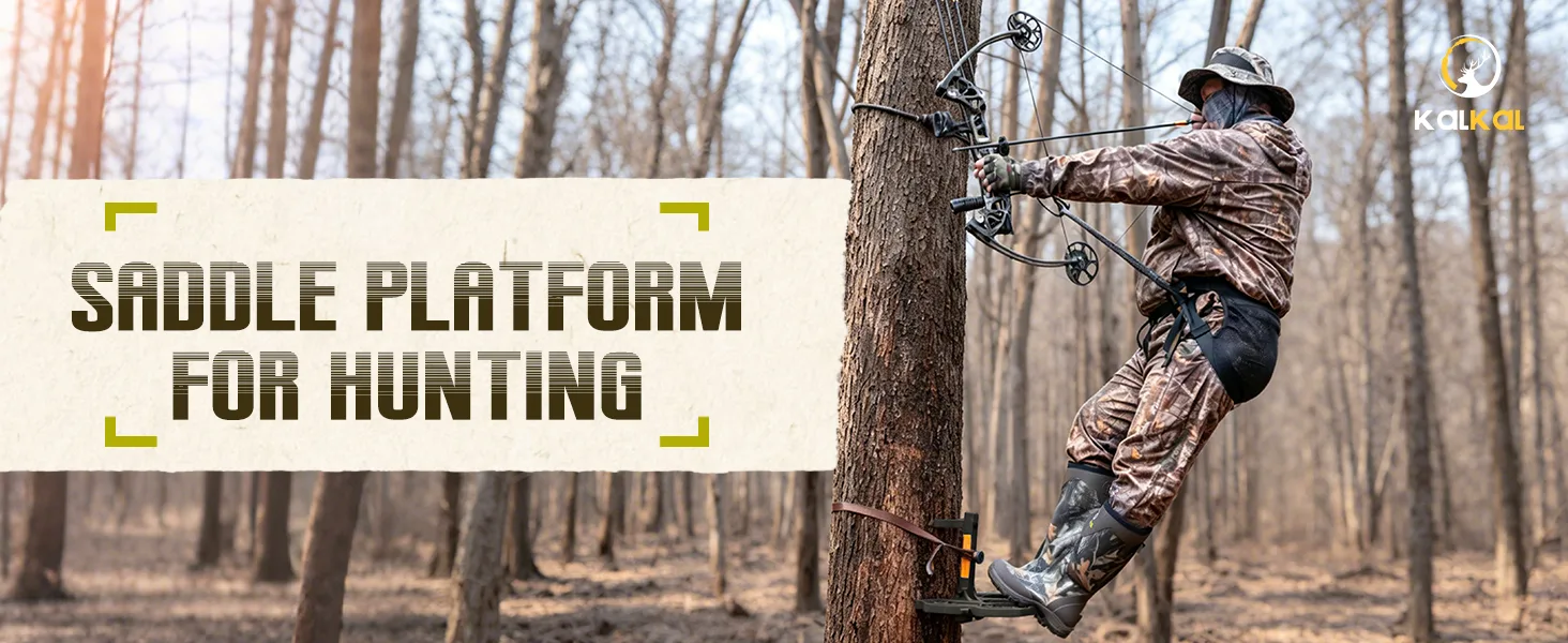 Hunter drawing a bow from a wide saddle hunting platform with stable footing