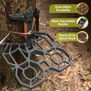 Tree saddle platform including adjustable straps, buckles, and mounting hardware