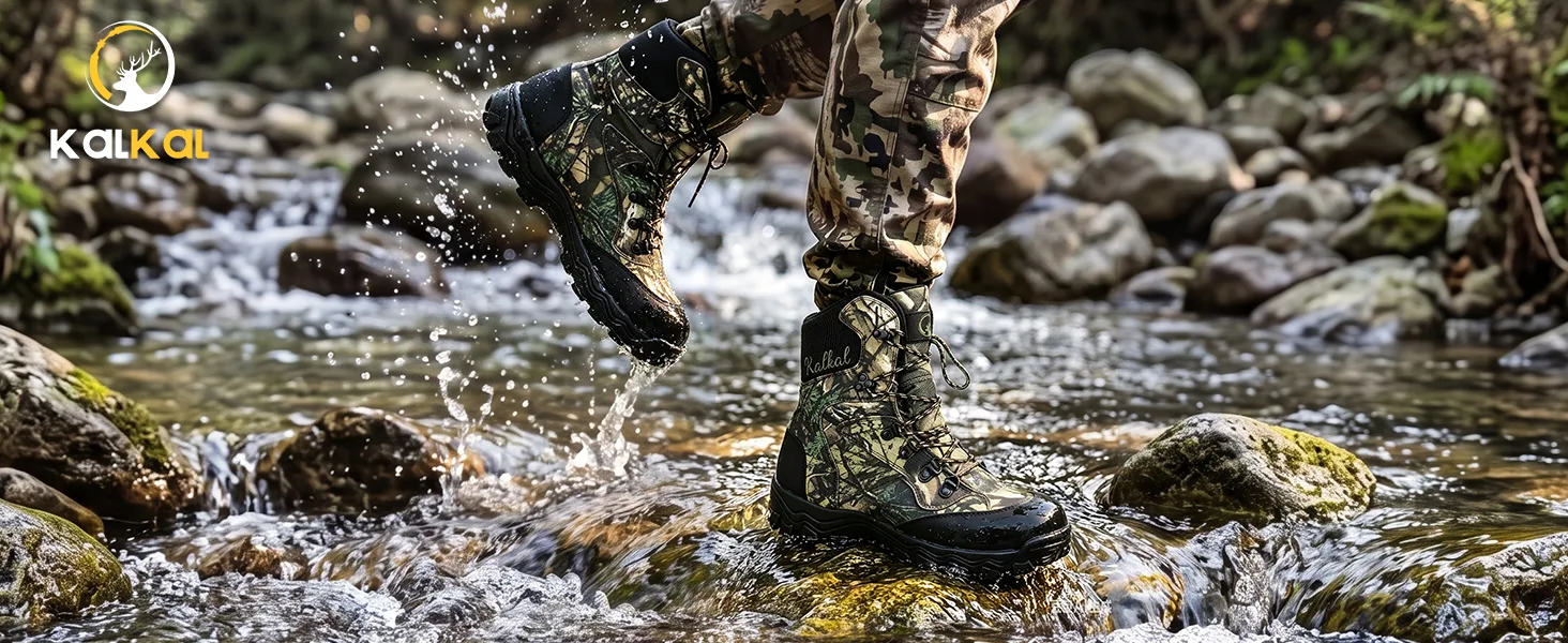 Waterproof hunting boots crossing shallow streams and wet ground