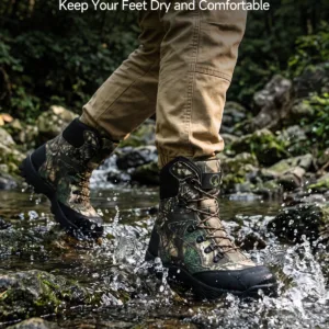 Waterproof lace up hunting boots keeping feet dry while crossing shallow water