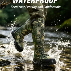 Waterproof snake hunting boots keeping feet dry while crossing shallow water