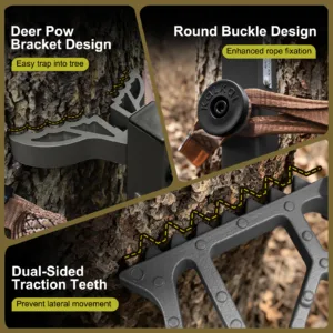 tree saddle hunting platform securely mounted with traction teeth gripping tree bark