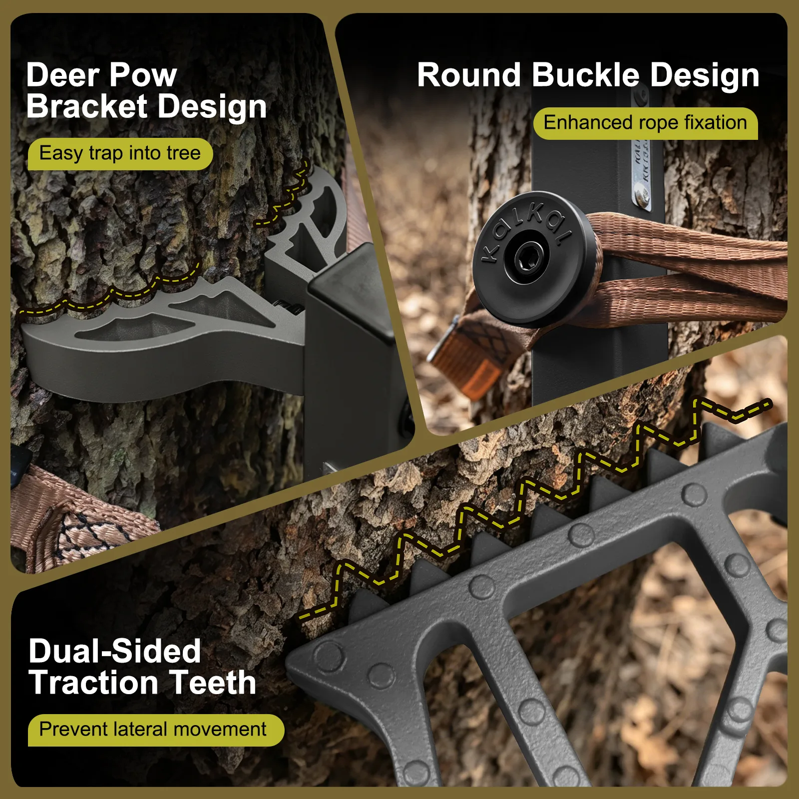 wide-platform-tree-attachment tree saddle hunting platform securely mounted with traction teeth gripping tree bark