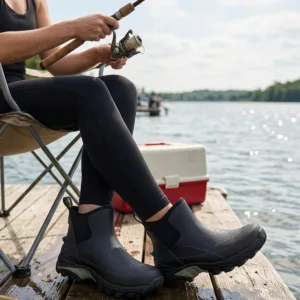 Woman wearing Kalkal women's fishing boots while fishing on a dock