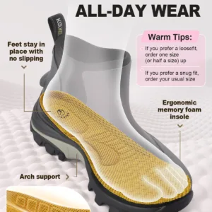 Removable memory foam insole inside women's waterproof rubber boot